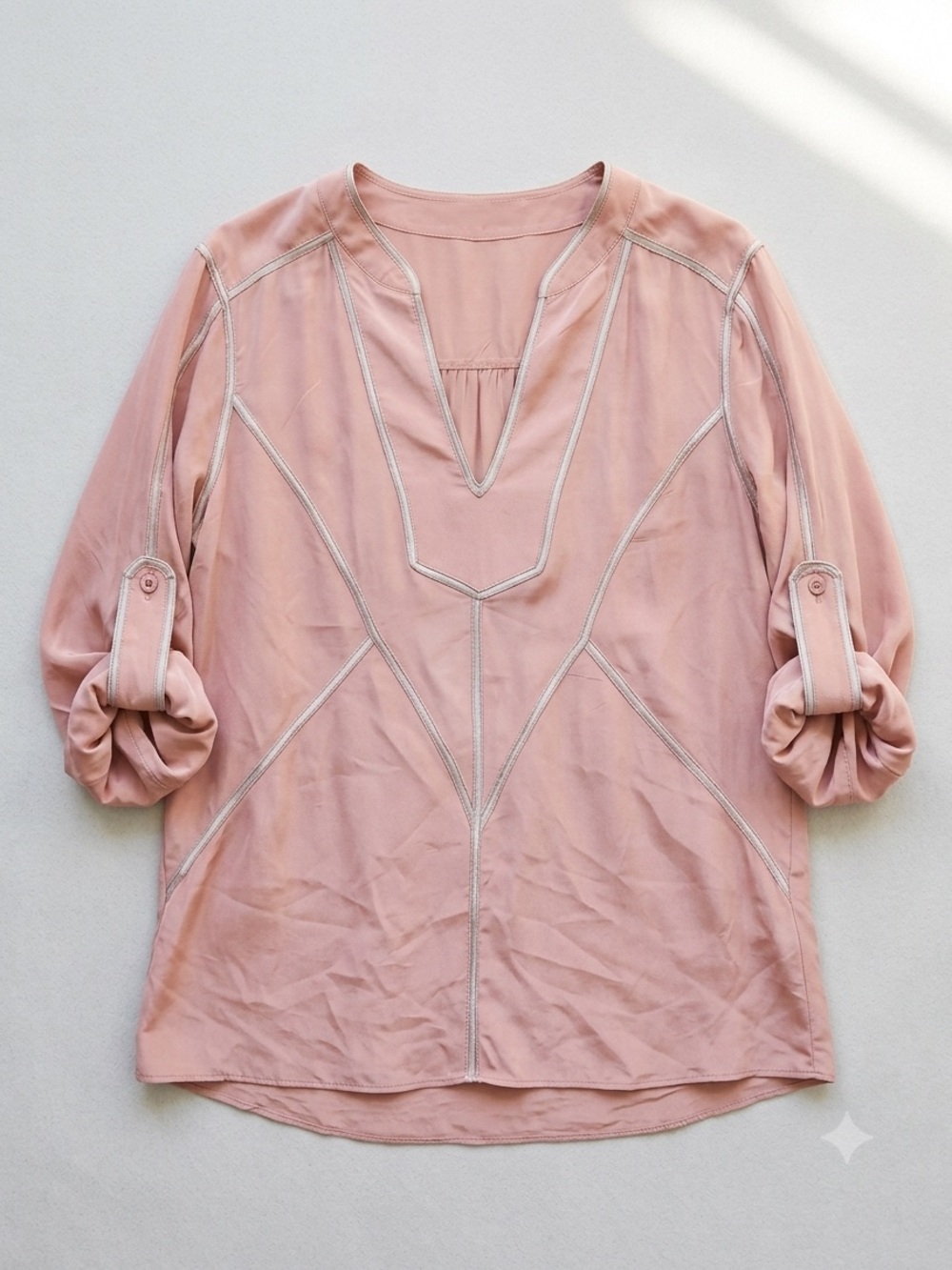 BCBGMaxAzria Pink 100% Silk V-Neck Roll-Tab Sleeve Blouse Tunic Top Women’s L